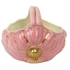 Vintage Holland Mold Ceramic Flower Basket Planter Vase Pink Flower Accent 5.5"